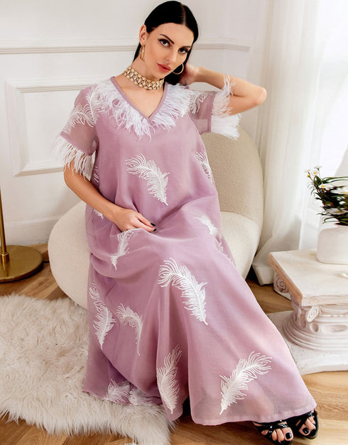 Ramadan Eid Feather Kaftan Imitation Linen Jalabiya Women Arabian Evening Party Gown